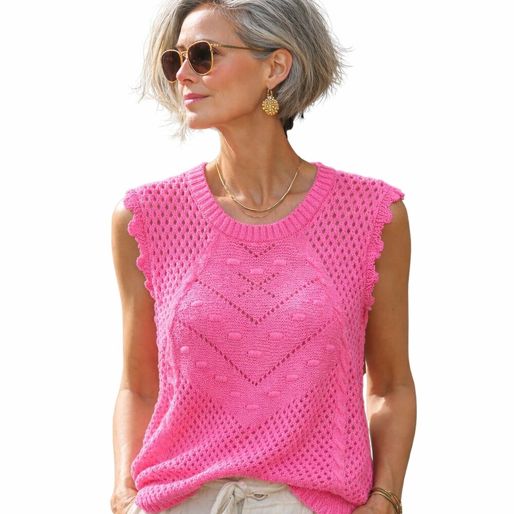 Cyrus open knit cami top, bold Barbie pink, scalloped edges on hem and sleeves
